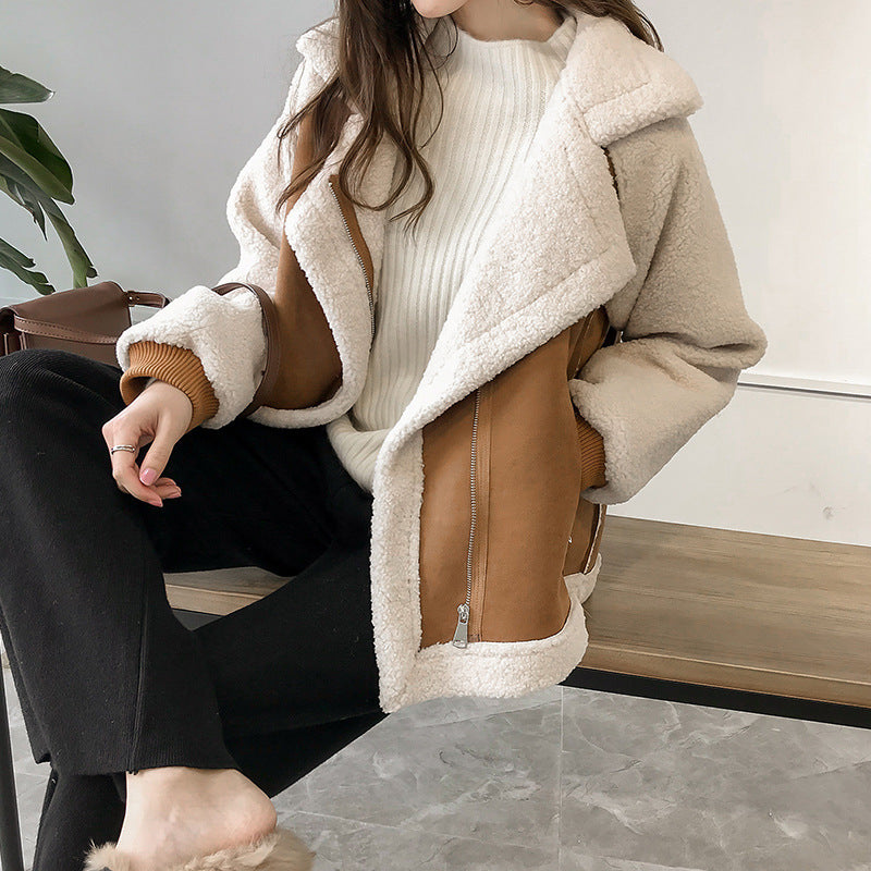 Chic Loose Suede Faux Fur Jacket Women Short Lamb Wool Motorcycle Coat