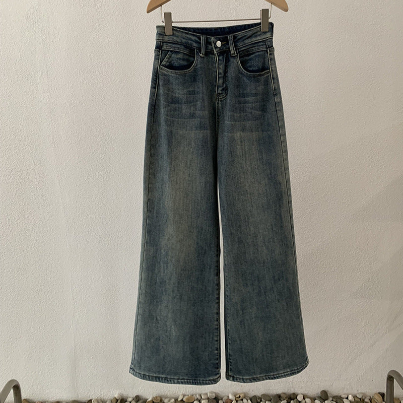 High-Waisted Loose Straight Leg Jeans for Women with Fleece Lining, Casual and Slim-Fitting Long Pants