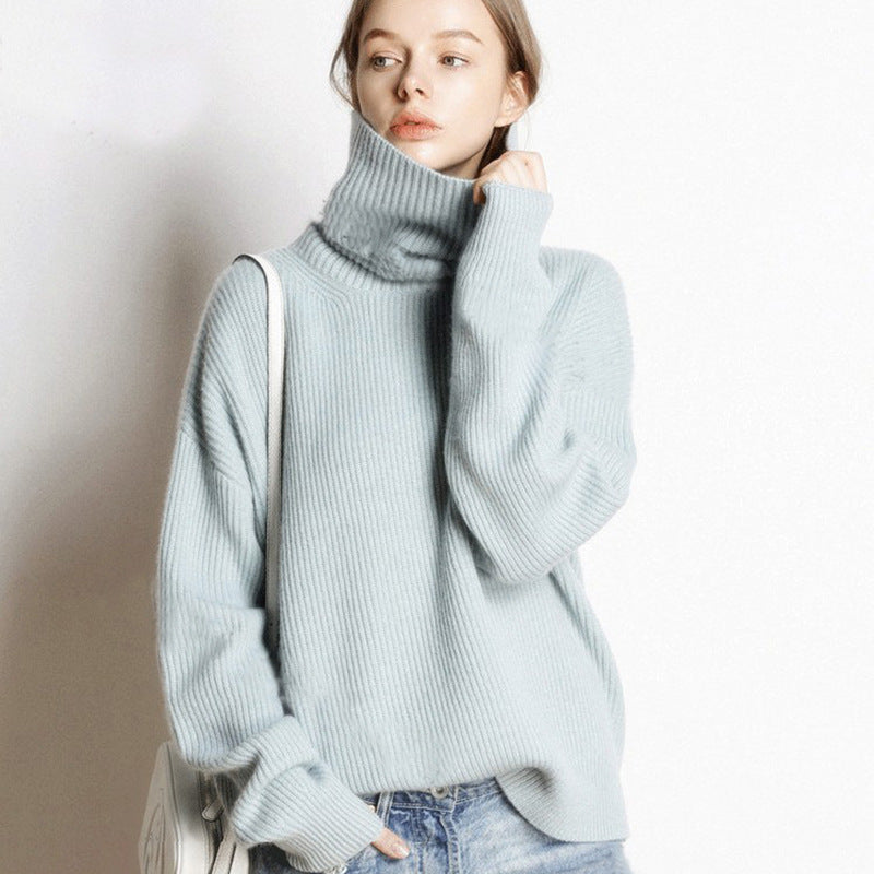 Autumn and winter high neck sweater for women, European and American style, thick and loose short style, pullover, free collar, lazy knit base sweater