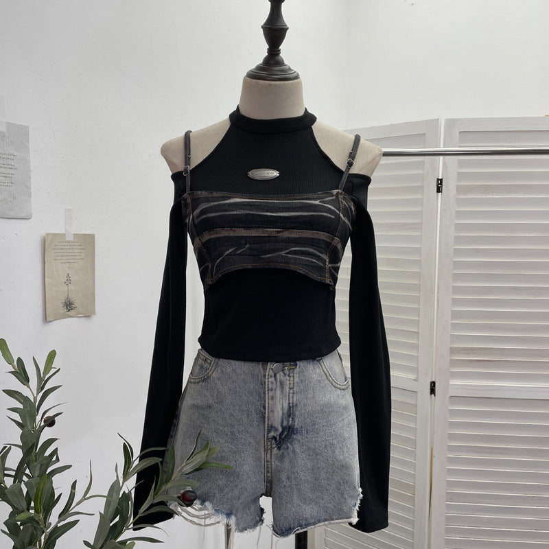Sexy Fitted Long Sleeve T-Shirt with Strapless Design and Denim Short Crop Top