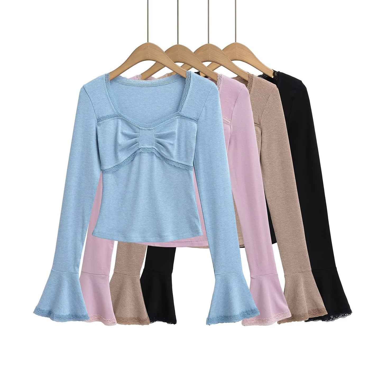 Lace Trim Flare Long Sleeve Crop Top T-Shirt