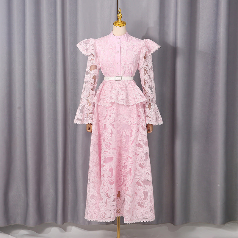 Embroidered ruffle edge patchwork flared sleeve long skirt