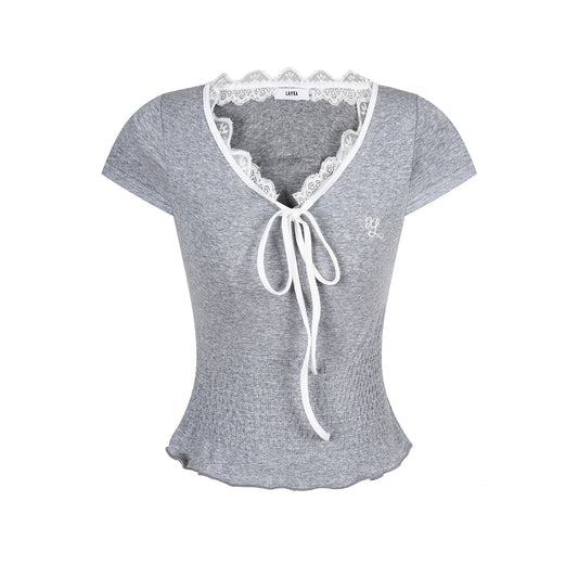 Women's V-Neck Lace Short Sleeve Crop Top