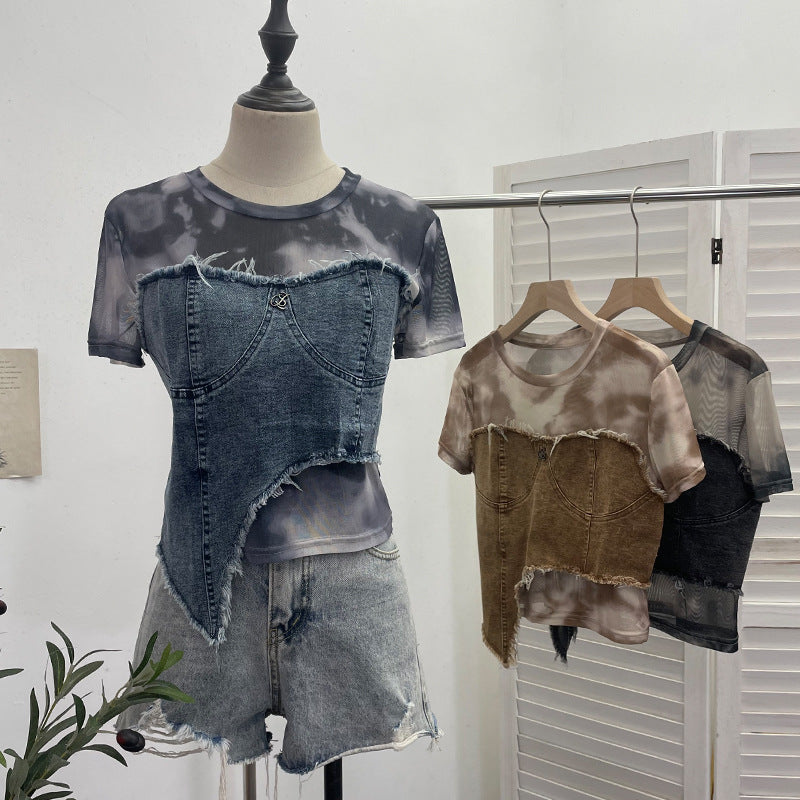 Denim Spliced Tie-Dye Mesh Fitted Irregular Fake Two-Piece Short Sleeve Top Crop T-Shirt