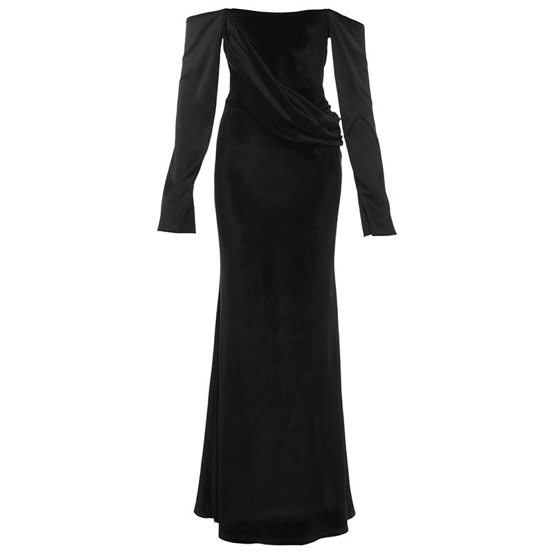 Slim fit backless one shoulder strapless long sleeved dress for women