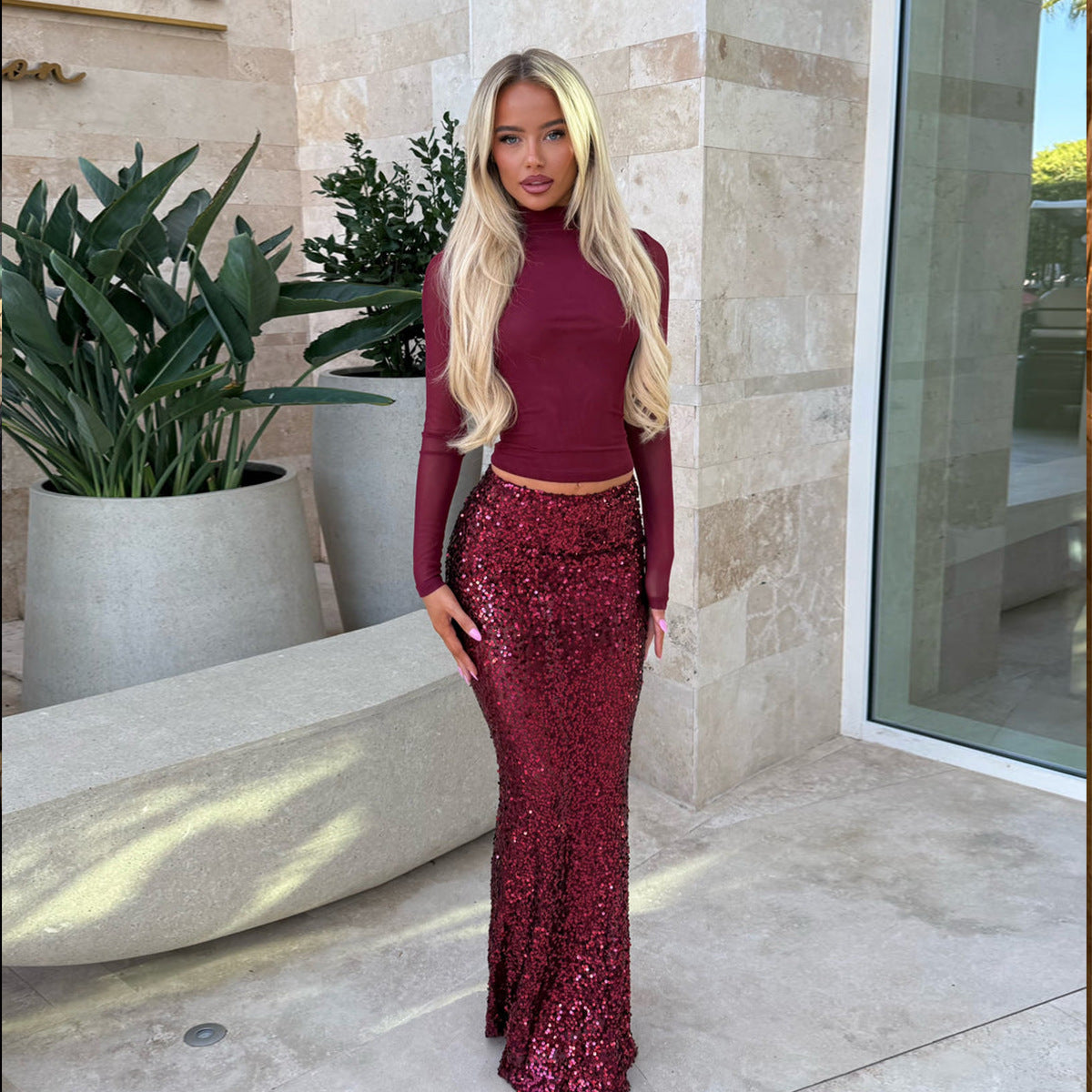 Embroidered sequined fishtail skirt for women