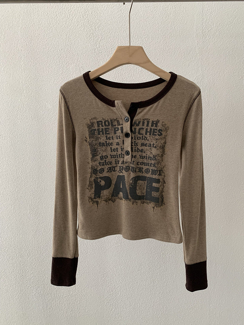 Fleece-Lined Letter Print Color-Blocked Long Sleeve Crewneck Top for Women Fashionable Versatile Casual Slim-Fit Upperwear