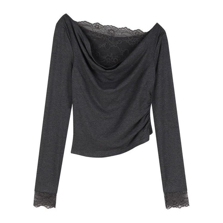 Chiffon Spliced Off-Shoulder Long Sleeve T-Shirt Slim Fitting Short Crop Inner Layer Top