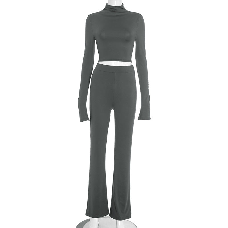 Autumn  Crew Neck Long Sleeve Crop Top with High Waist Flared Pants