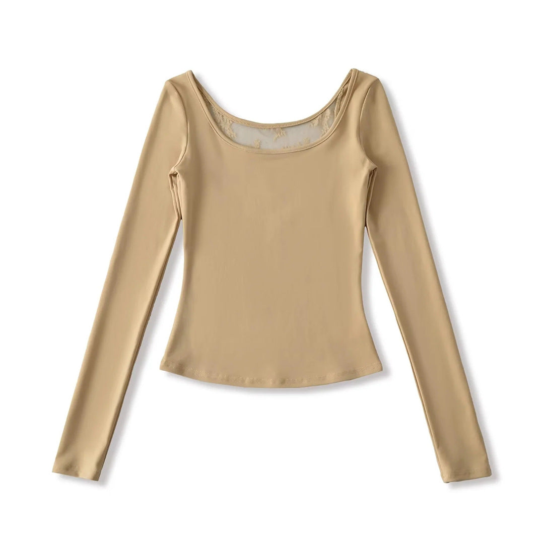 Spring Solid Color U-Neck Long Sleeve T-Shirt, Mature Style, Unique and Sexy Back Lace Cut-Out, Fitted Crop Top