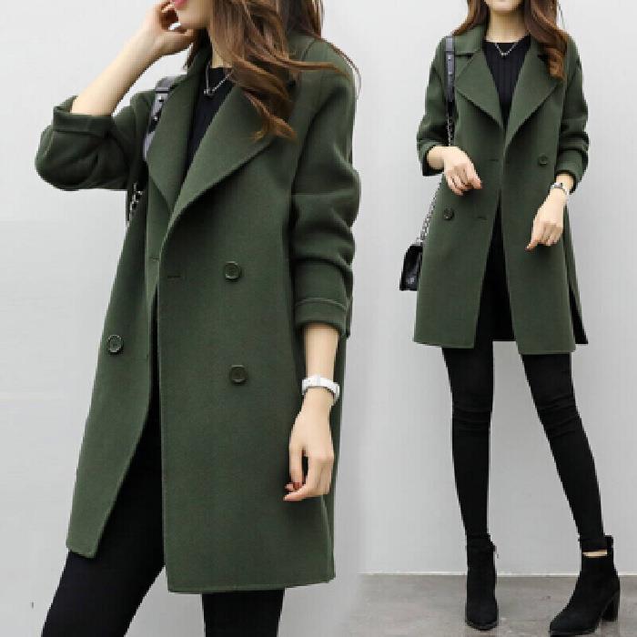 Classic Double-Breasted Wool Coat for Women, Mid-Length Silhouette, Loose Fit, Slimming Design