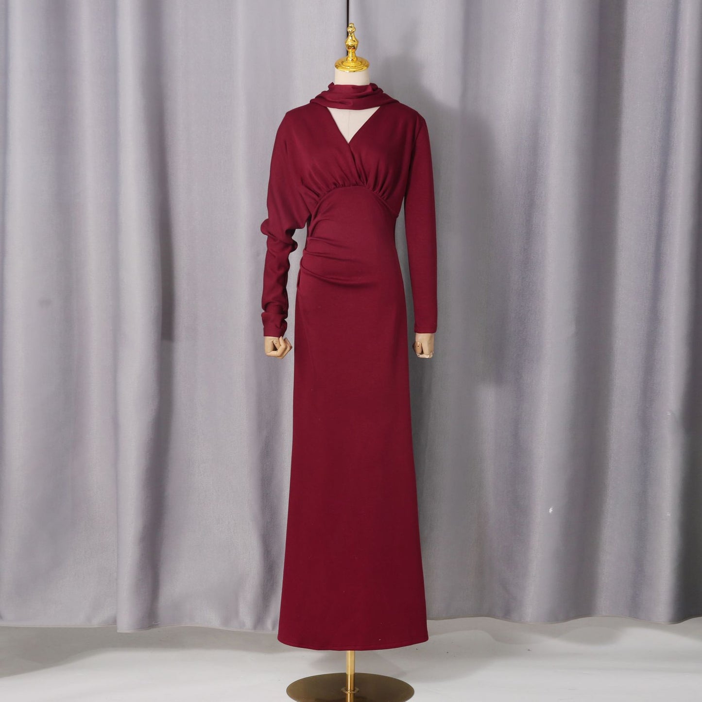 Collar+V-neck design slim fit pleated waist long skirt