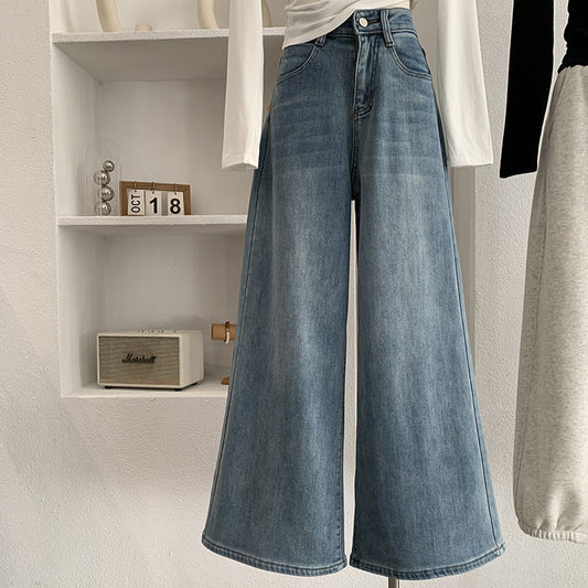Fleece-Lined Thick Winter Korean Style Vintage High-Waisted Flared Jeans Loose Long Pants Women