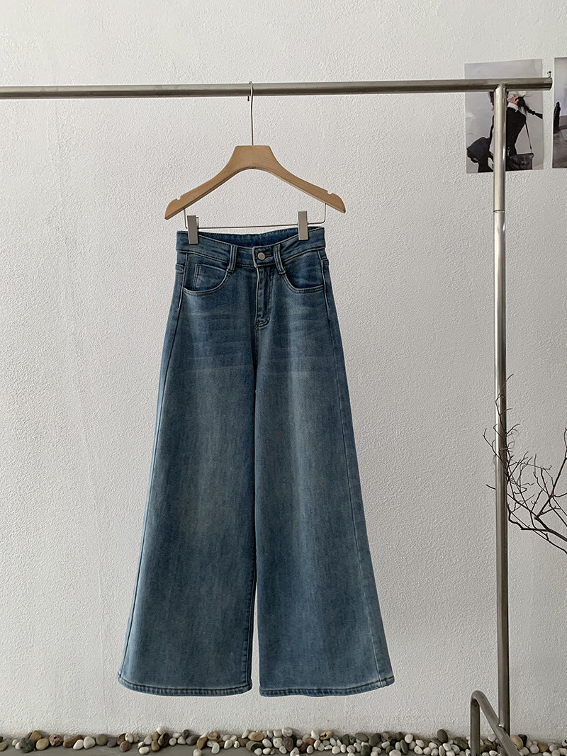 Fleece-Lined Thick Winter Korean Style Vintage High-Waisted Flared Jeans Loose Long Pants Women