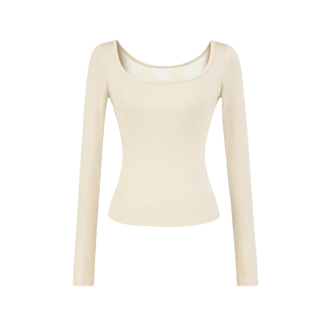 Spring Solid Color U-Neck Long Sleeve T-Shirt, Mature Style, Unique and Sexy Back Lace Cut-Out, Fitted Crop Top