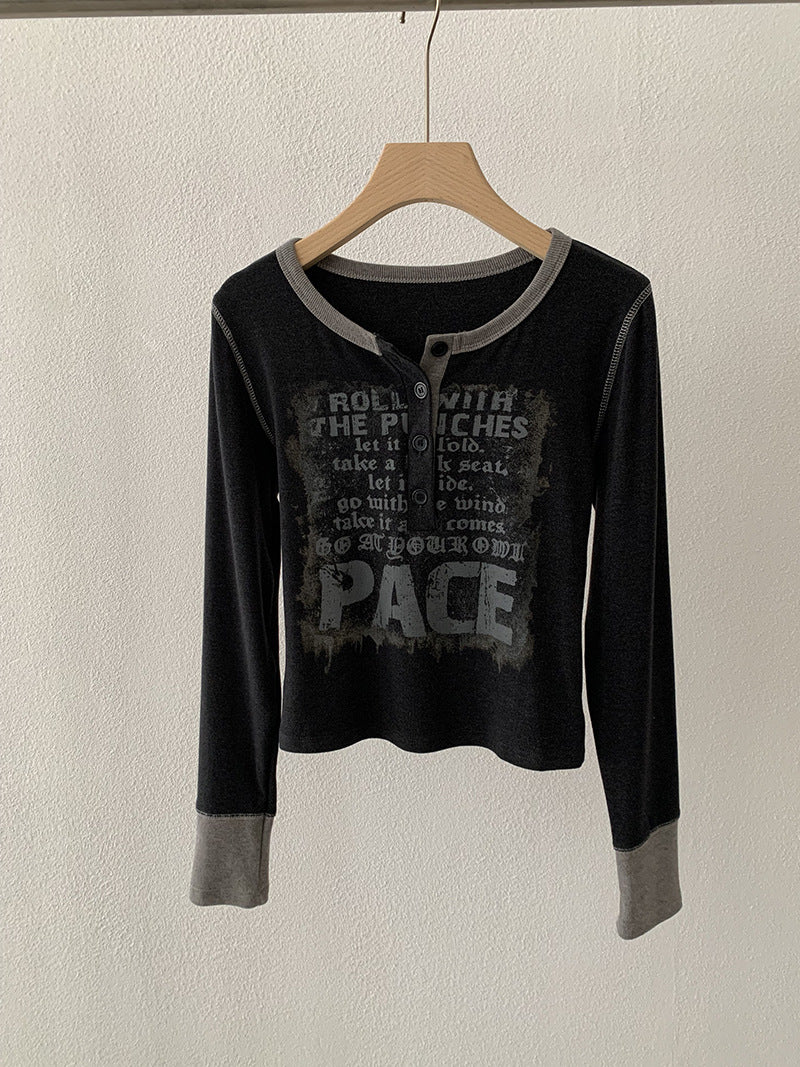 Fleece-Lined Letter Print Color-Blocked Long Sleeve Crewneck Top for Women Fashionable Versatile Casual Slim-Fit Upperwear