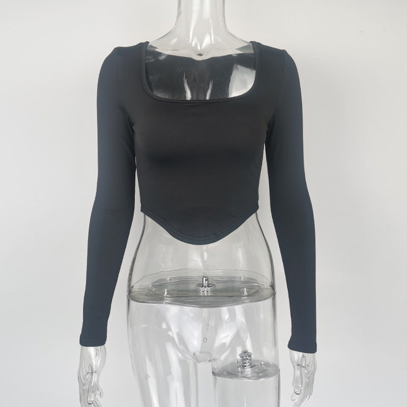 Women's long sleeved square neck crop top with exposed navel and slim fit