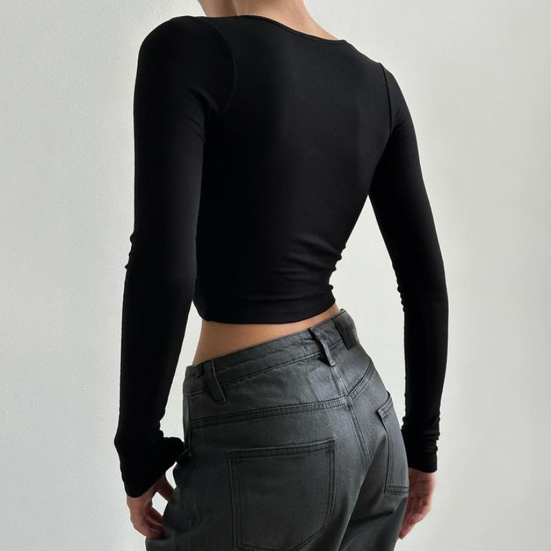 Round Neck Long Sleeve Fitted Crop Top T-Shirt