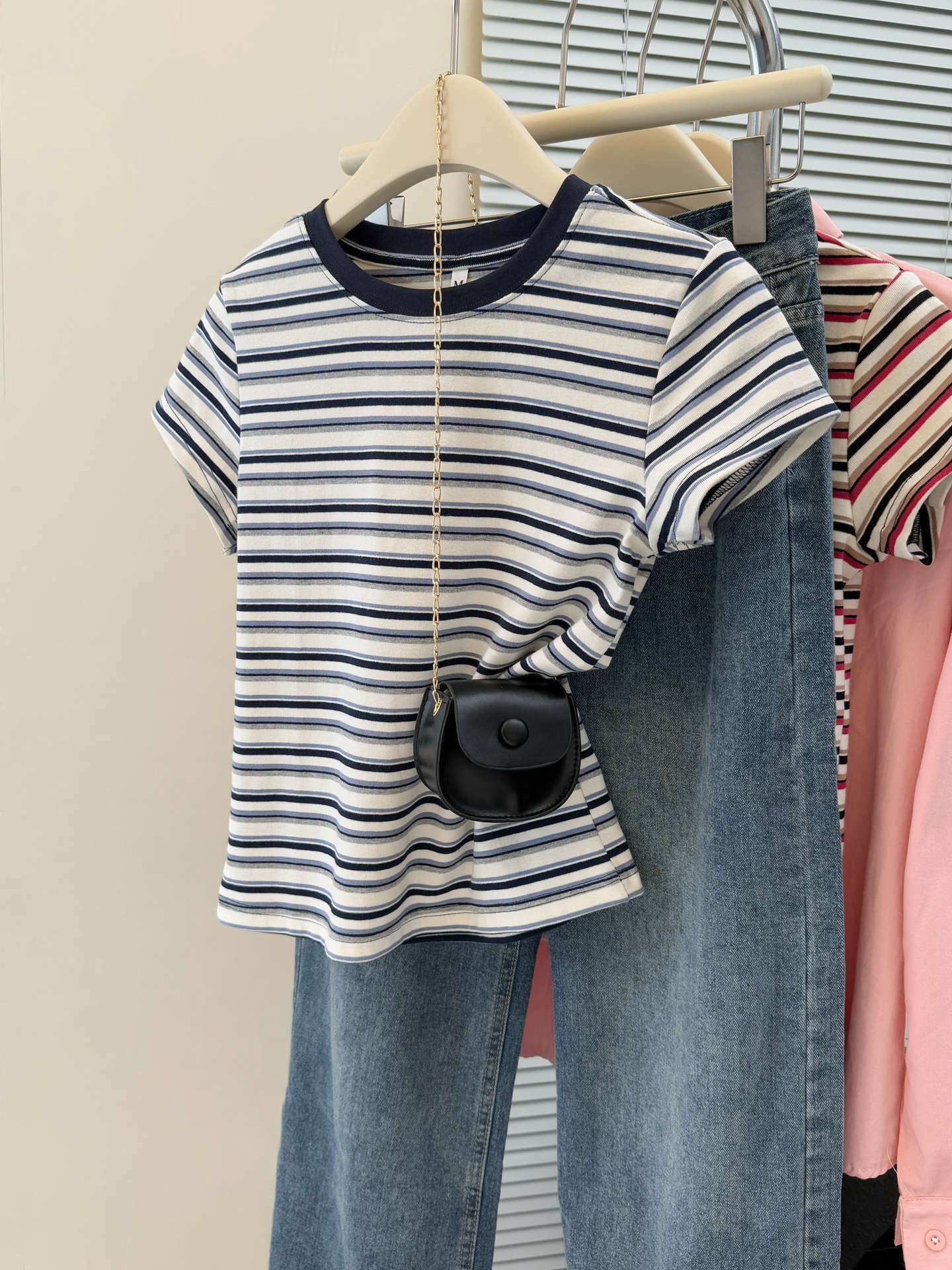 Style Summer New Color Block Stripe Short Sleeve T-Shirt Women's Slim Korean Version Short Crop Top