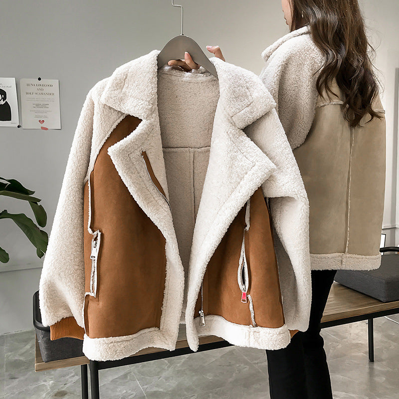 Chic Loose Suede Faux Fur Jacket Women Short Lamb Wool Motorcycle Coat