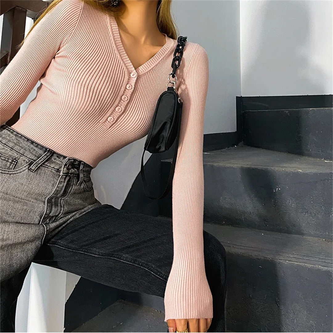 Fall Solid Color Sexy Deep V-Neck Half-Button Long Sleeve Knit Top for Women, High-Waisted Short Crop Bodysuit, Underwear Style