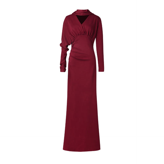 Collar+V-neck design slim fit pleated waist long skirt