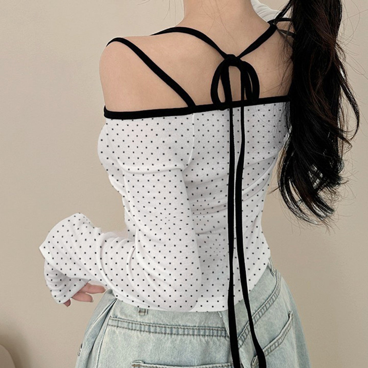 Polka Dot Tie-Butterfly Long Sleeve T-Shirt for Women Off-the-Shoulder Round Neck Crop Top