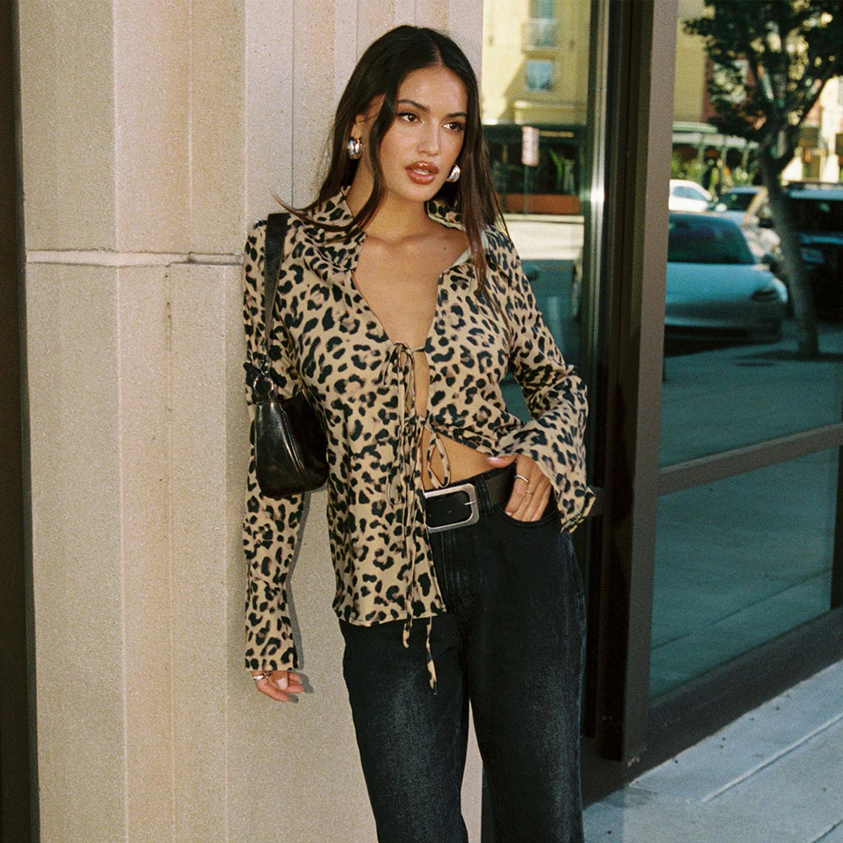 Leopard print elastic shirt for women