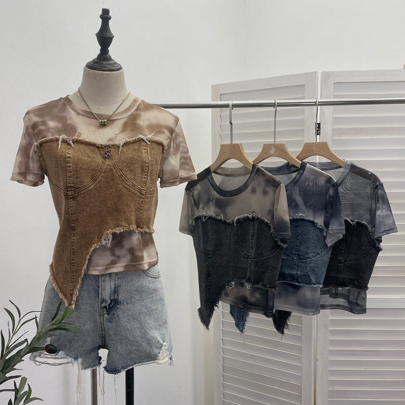 Denim Spliced Tie-Dye Mesh Fitted Irregular Fake Two-Piece Short Sleeve Top Crop T-Shirt