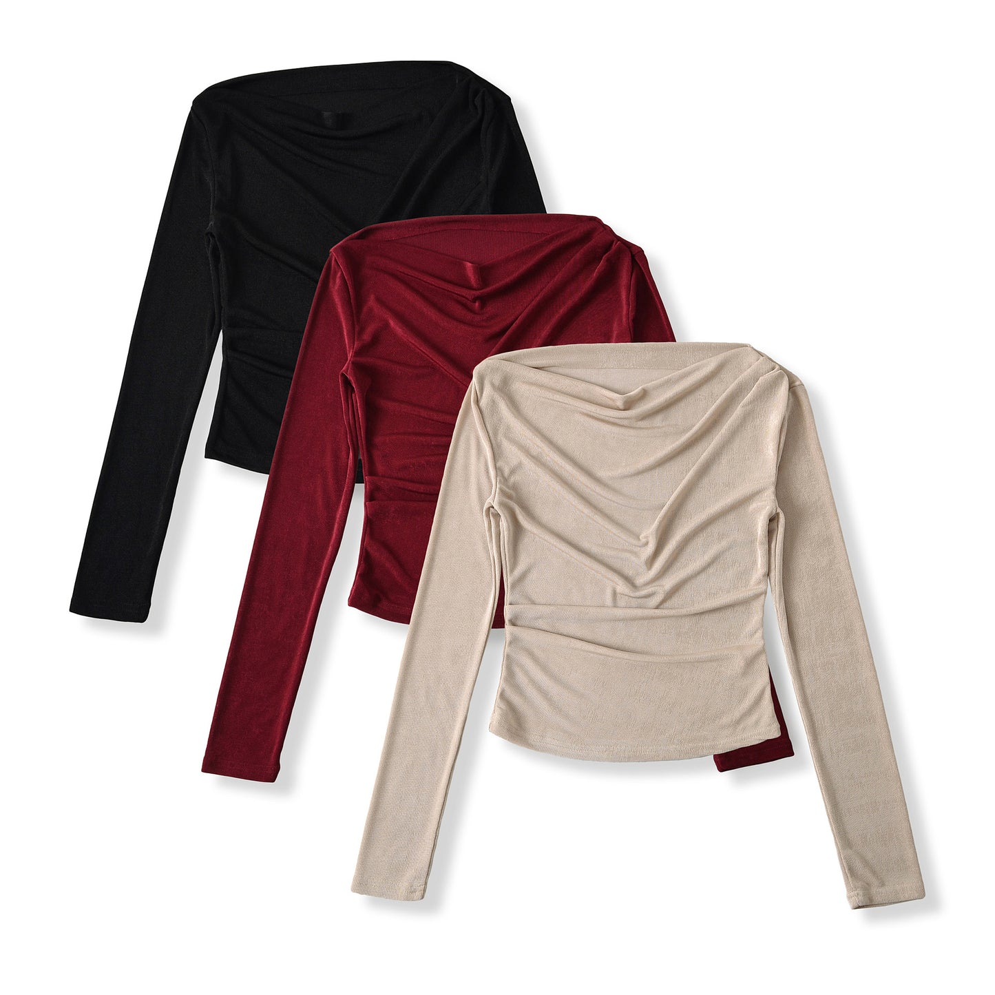 One-Shoulder Pleated Long Sleeve Crop Top T-Shirt
