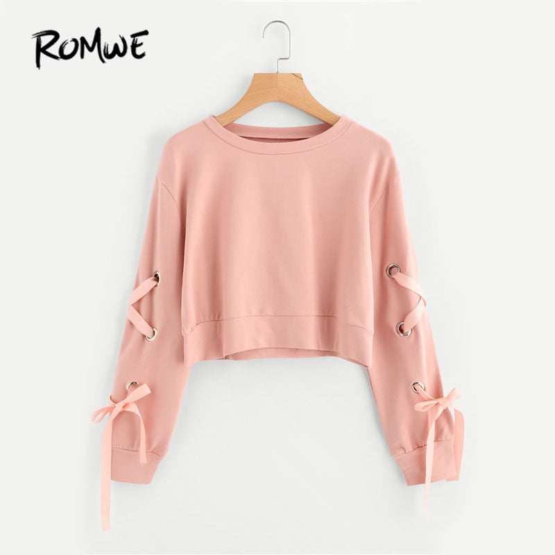 Eyelet Lace Up Sleeve Crop Sweatshirt Autumn Pink Round Neck Cute Pullovers Women Long Sleeve Casual Sweatshirt