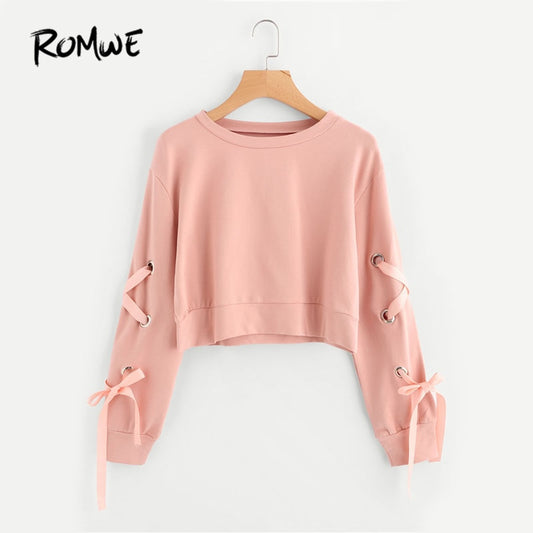 Eyelet Lace Up Sleeve Crop Sweatshirt Autumn Pink Round Neck Cute Pullovers Women Long Sleeve Casual Sweatshirt