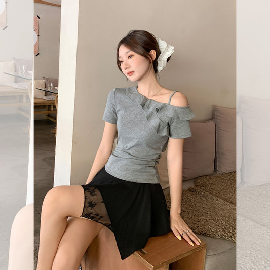 Short Sleeve T-Shirt for Women Shoulder-Baring Slimming Sexy Crop Top