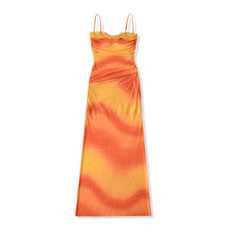 Wrinkle and Dyeing Printed Mesh Dress
