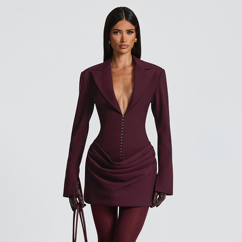 Solid color deep V-neck waist cinching slimming suit dress