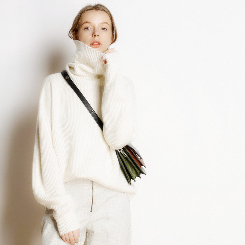 Autumn and winter high neck sweater for women, European and American style, thick and loose short style, pullover, free collar, lazy knit base sweater