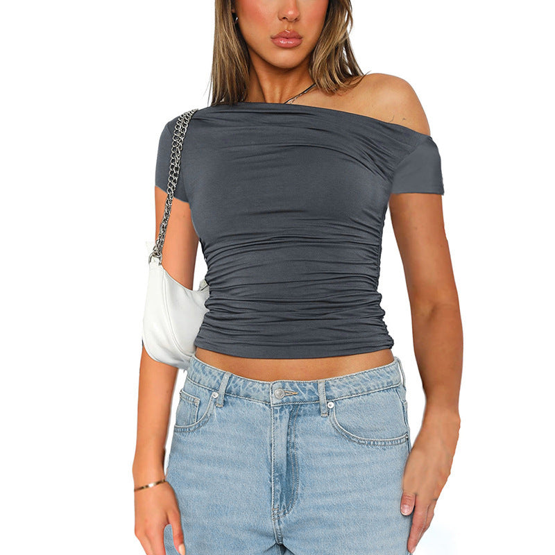 Women's Clothing New Pure Color Off-the-Shoulder Short Sleeve Shirred Crop Top T-Shirt