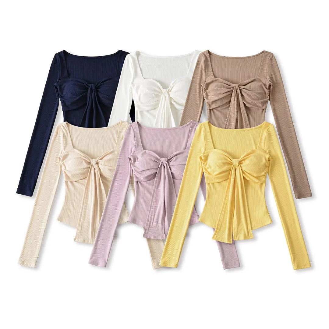 Sense Solid Color Padded Bow Knotted Long Sleeve T-Shirt Spring Sexy Crop Top with Ruched Fitted Design