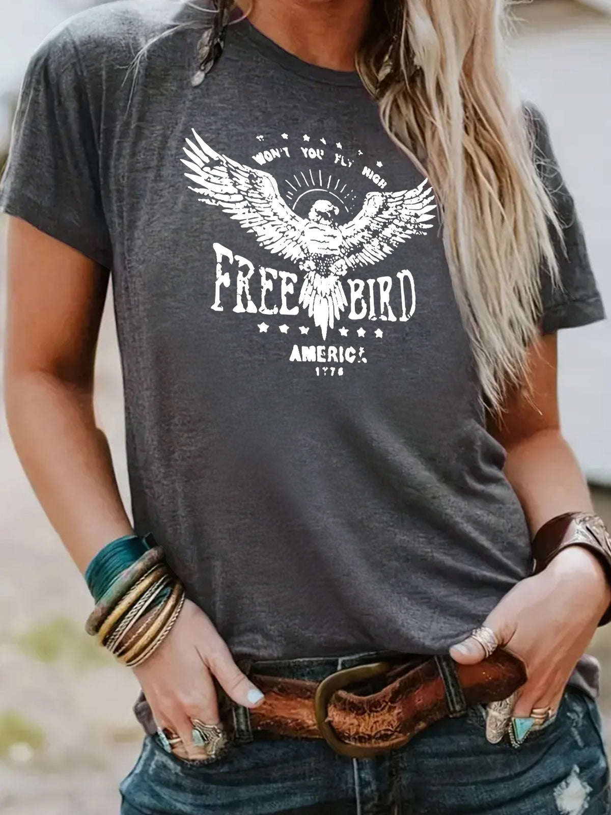 FREE BIRD Eagle print short sleeved shirt