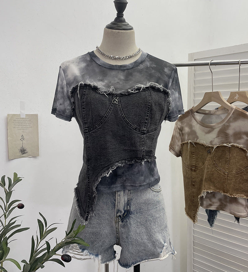 Denim Spliced Tie-Dye Mesh Fitted Irregular Fake Two-Piece Short Sleeve Top Crop T-Shirt
