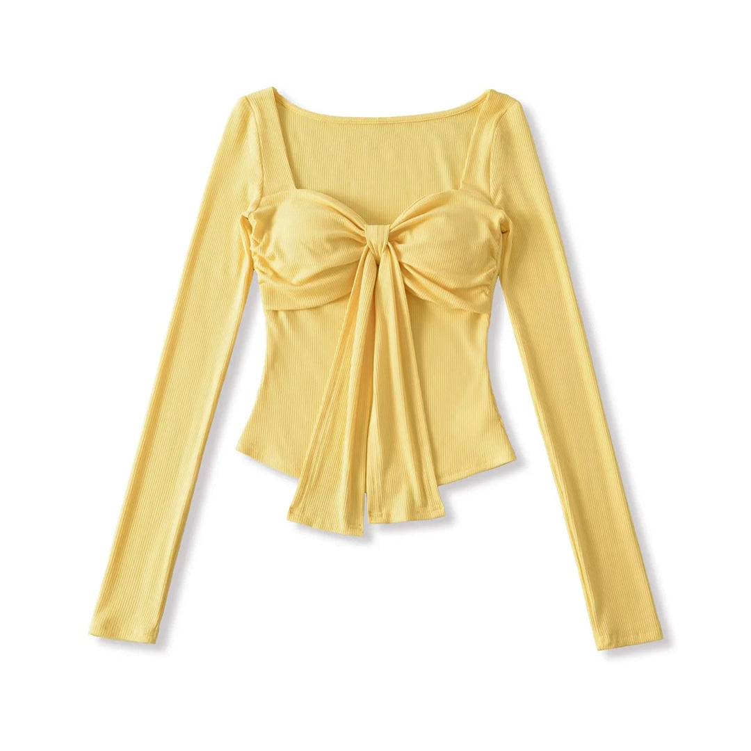 Sense Solid Color Padded Bow Knotted Long Sleeve T-Shirt Spring Sexy Crop Top with Ruched Fitted Design