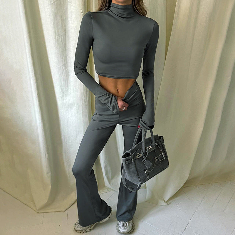 Autumn  Crew Neck Long Sleeve Crop Top with High Waist Flared Pants