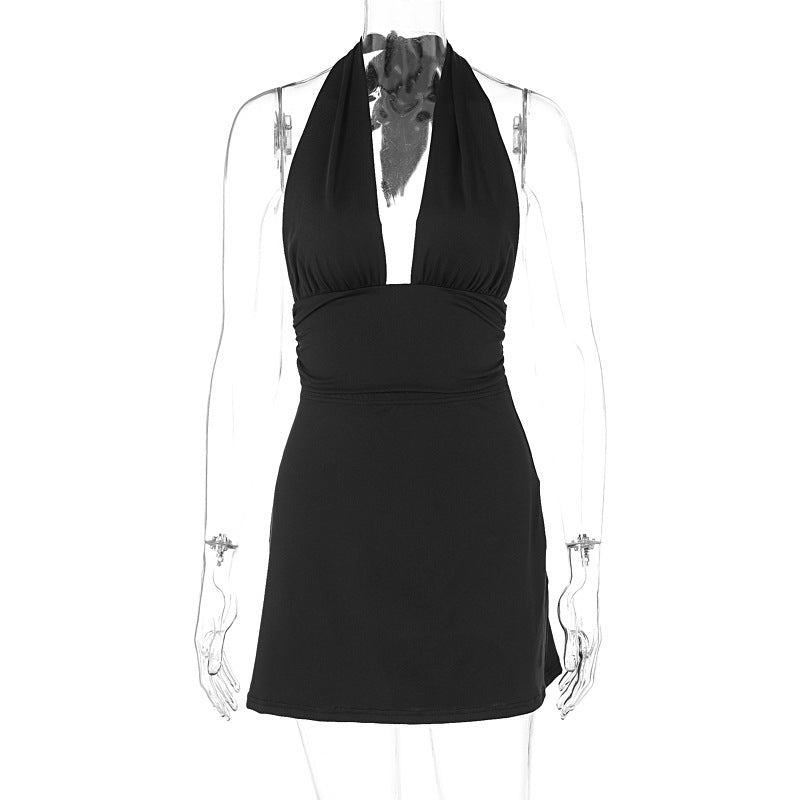 Deep V-strap neck hanging vest short skirt set