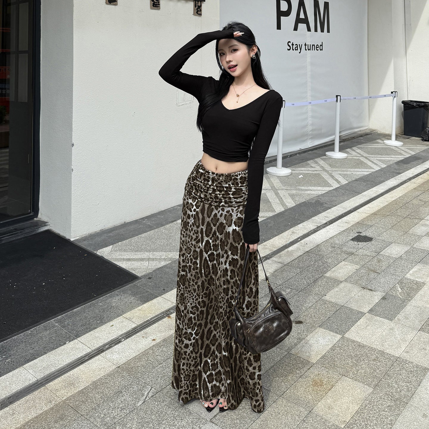 V-neck top leopard print skirt set minimalist casual set long skirt