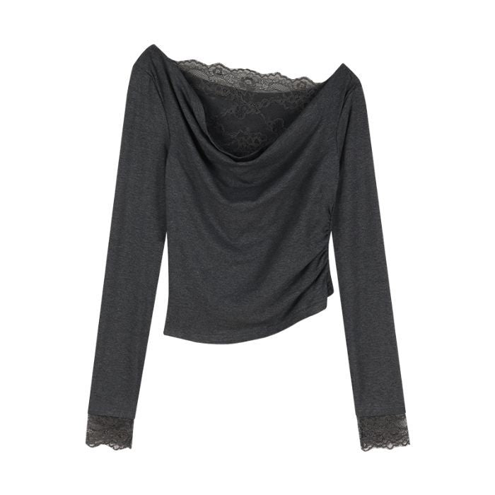 Chiffon Spliced Off-Shoulder Long Sleeve T-Shirt Slim Fitting Short Crop Inner Layer Top