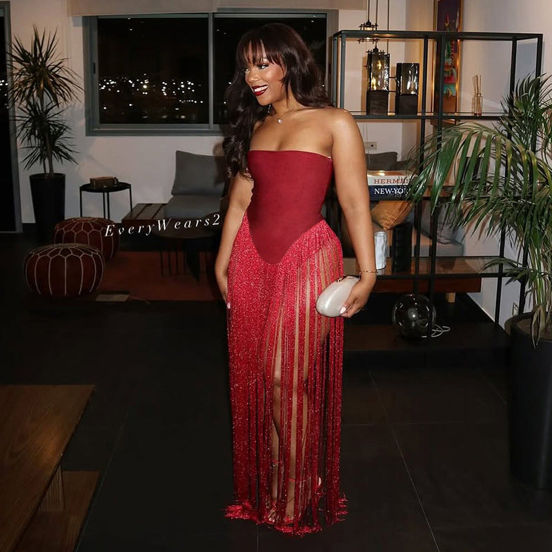 Backless high waisted slim fit strapless fringe jumpsuit