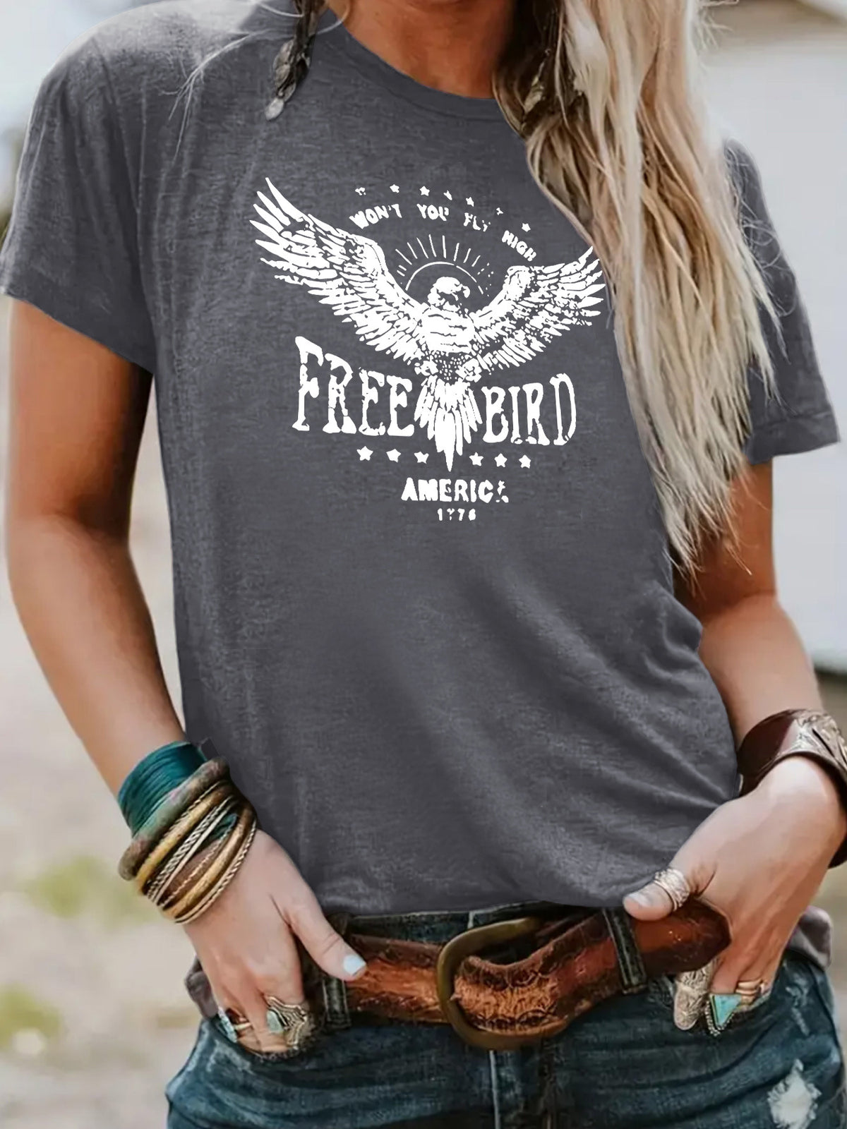 FREE BIRD Eagle print short sleeved shirt