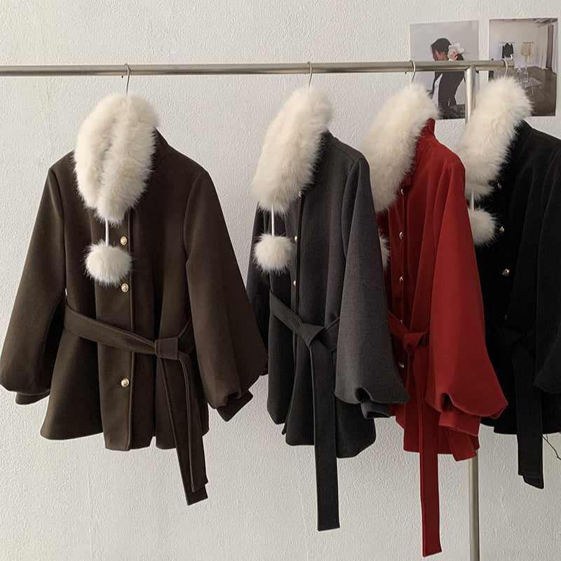 Belted closure Style Stand-Up Collar Wool Coat with Belted Waist, A-Line Mid-Length Tassel Sleeve for Women