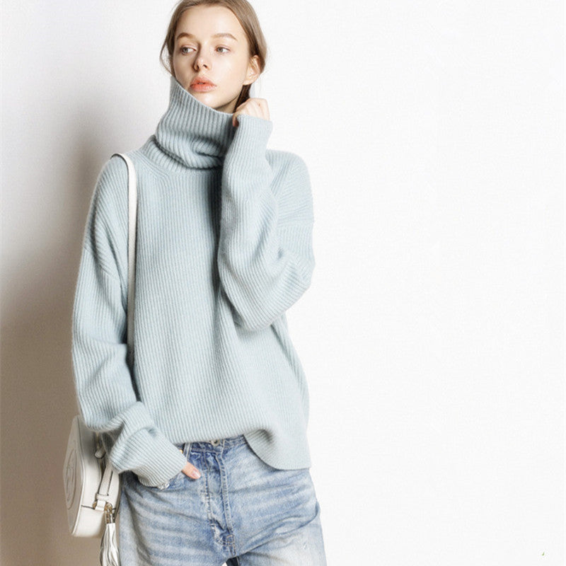 Autumn and winter high neck sweater for women, European and American style, thick and loose short style, pullover, free collar, lazy knit base sweater
