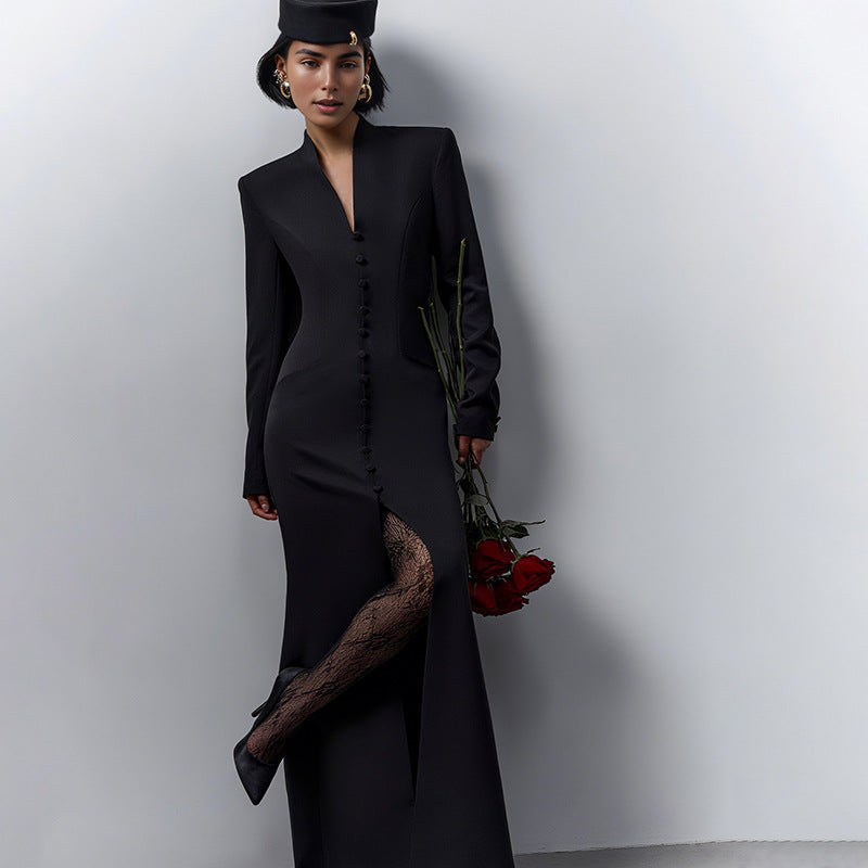 V-neck high waist slim fit and slimming slit dress